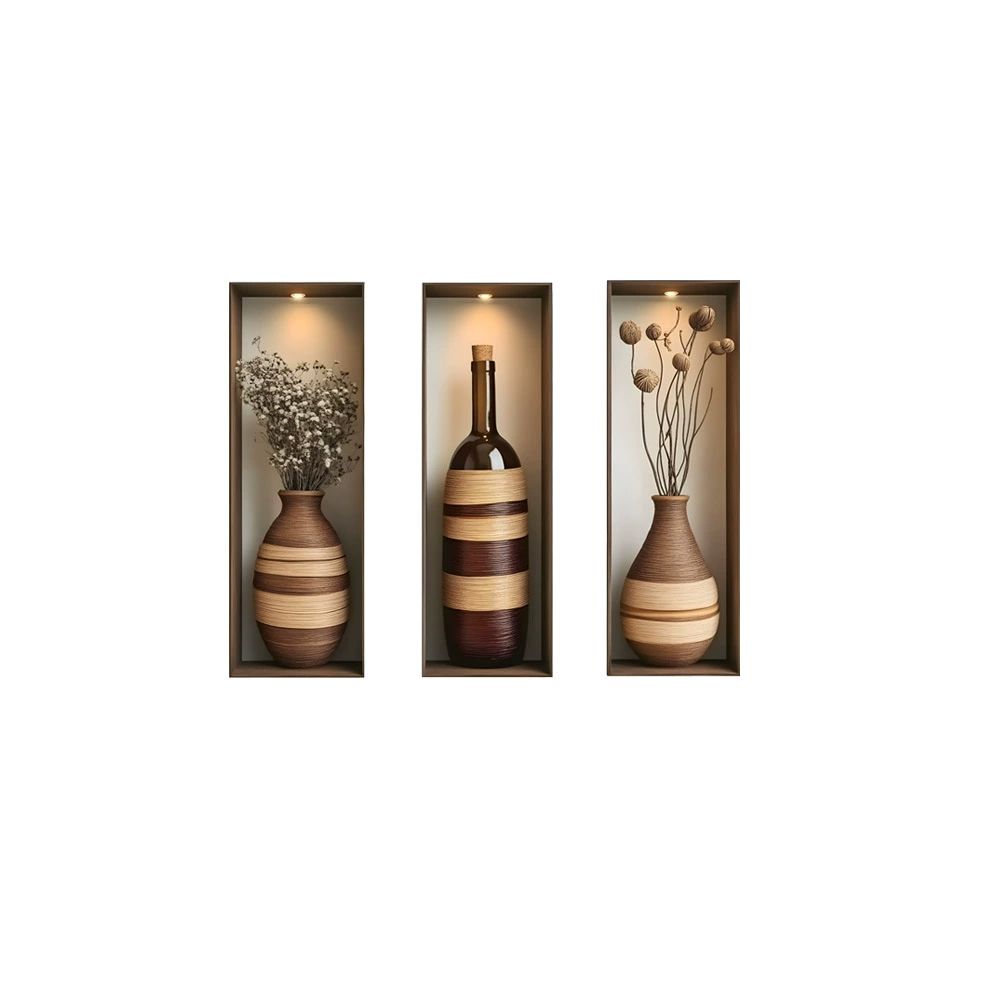 New PVC Wall Stickers Art Triple Panel Flower Vase & Wine Bottle Wall Decals Self-Adhesive Home Background Decoration for Living Room  Entryway & Hallway Home Decor Accents