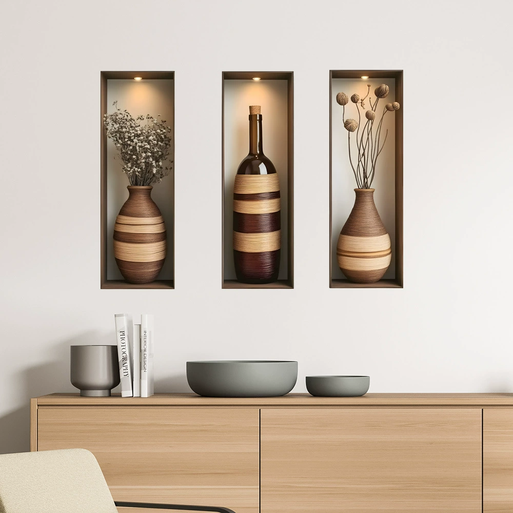 New PVC Wall Stickers Art Triple Panel Flower Vase & Wine Bottle Wall Decals Self-Adhesive Home Background Decoration for Living Room  Entryway & Hallway Home Decor Accents