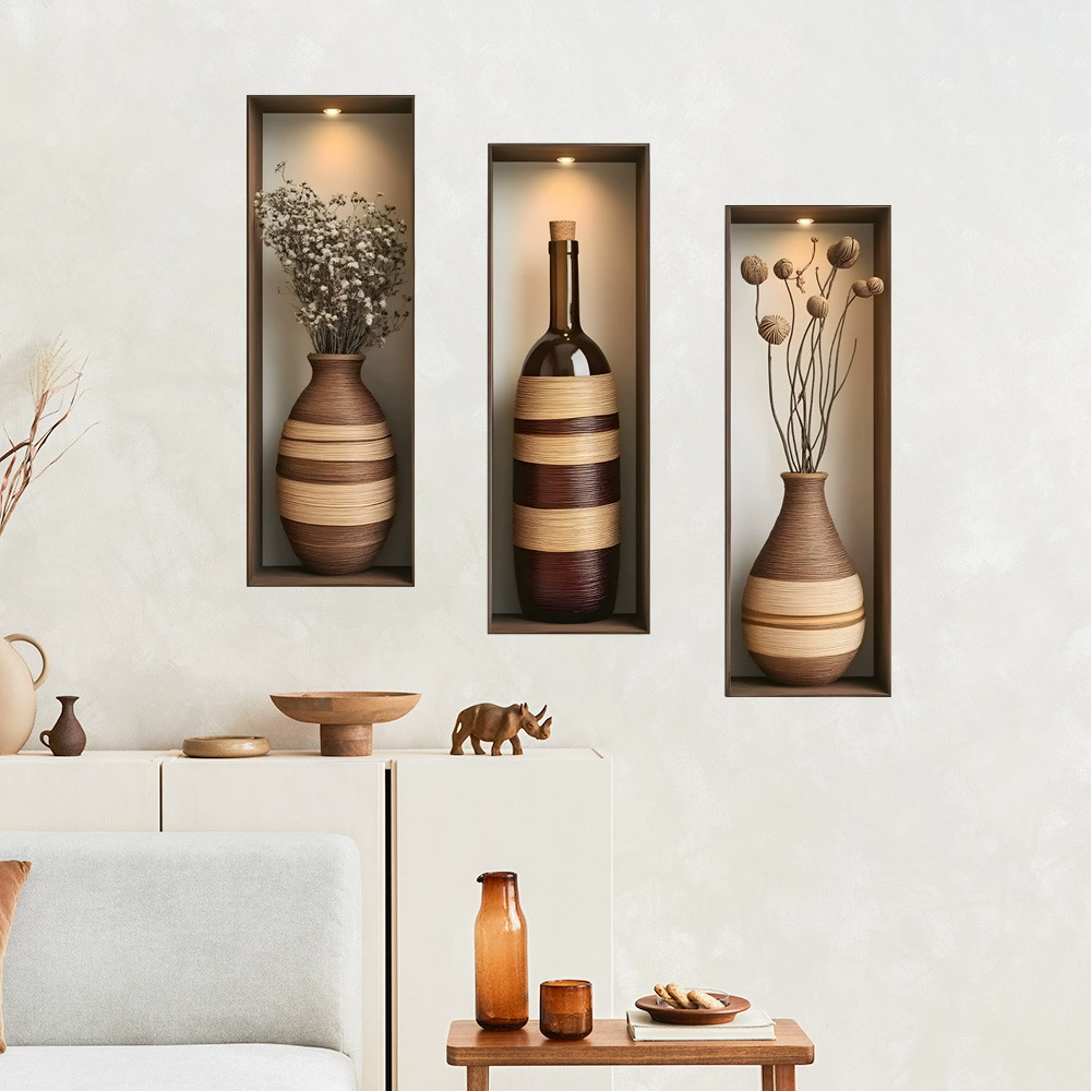 New PVC Wall Stickers Art Triple Panel Flower Vase & Wine Bottle Wall Decals Self-Adhesive Home Background Decoration for Living Room  Entryway & Hallway Home Decor Accents