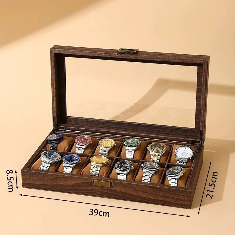 Vintage Wood Grain Luxury Watch Storage Box Organizer for Mechanical Watches & Sunglasses Display Case with Glass Window