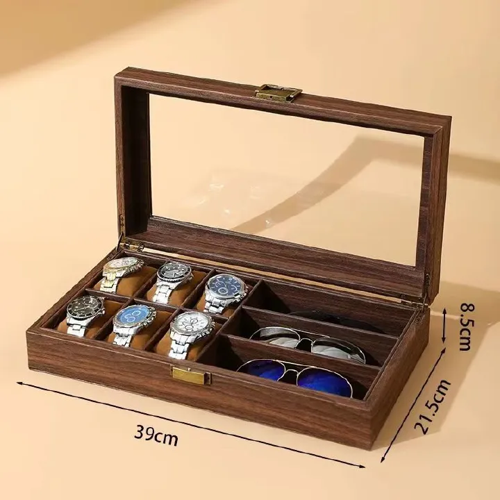 Vintage Wood Grain Luxury Watch Storage Box Organizer for Mechanical Watches & Sunglasses Display Case with Glass Window