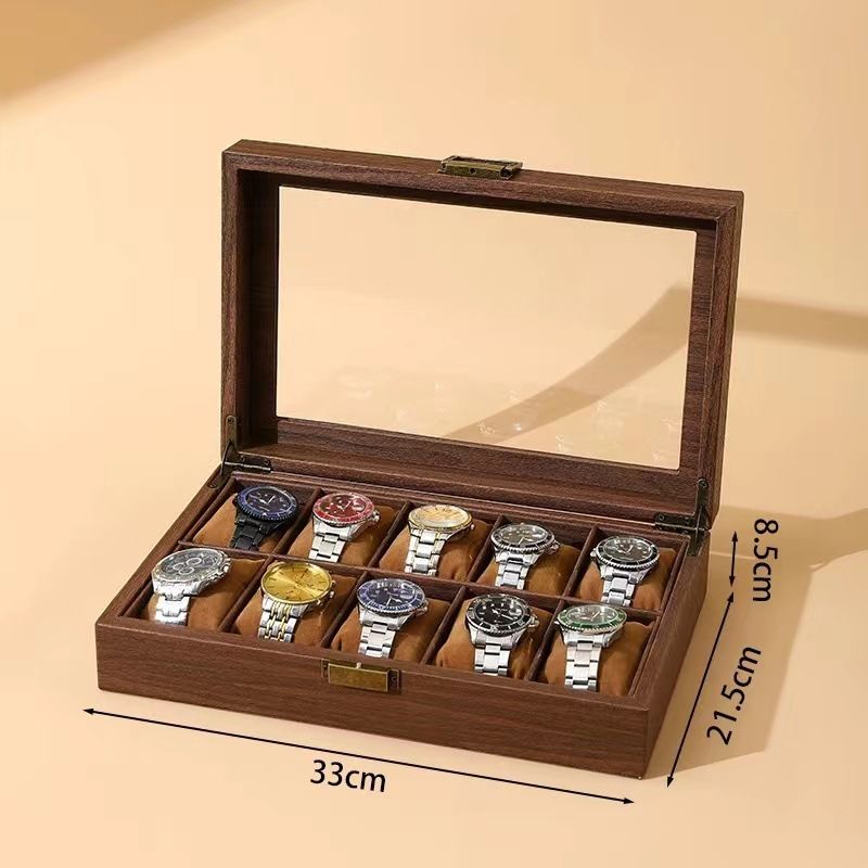 Vintage Wood Grain Luxury Watch Storage Box Organizer for Mechanical Watches & Sunglasses Display Case with Glass Window
