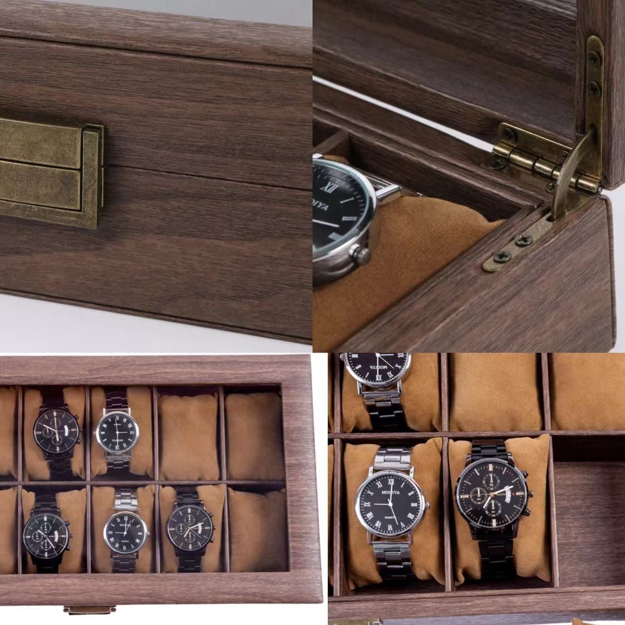 Vintage Wood Grain Luxury Watch Storage Box Organizer for Mechanical Watches & Sunglasses Display Case with Glass Window