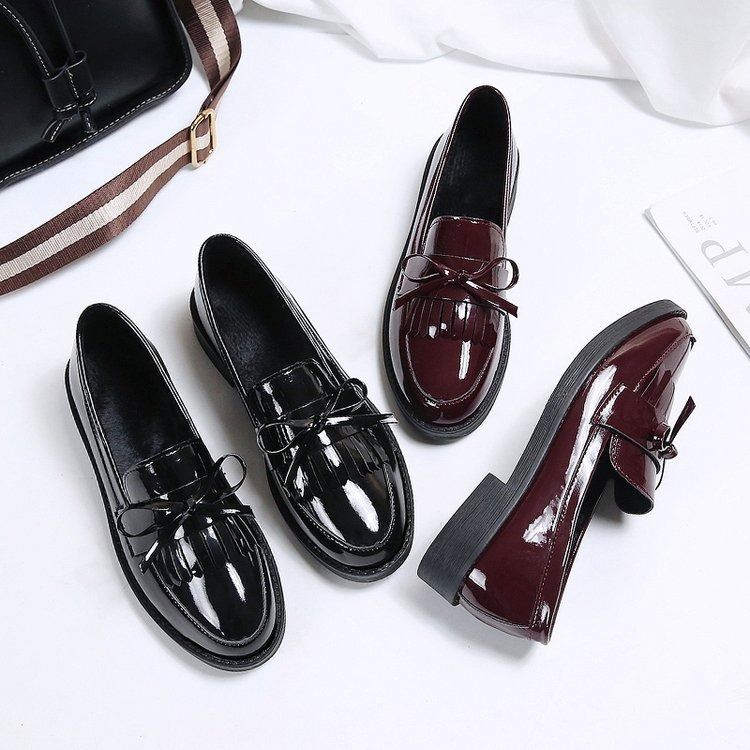 37-42Burgundy Block heel shoes women's fashion spring and autumn new women's shoes bow small leather shoes large size loafers womens shoes heels ladys shoes flats shoes loafers shoes