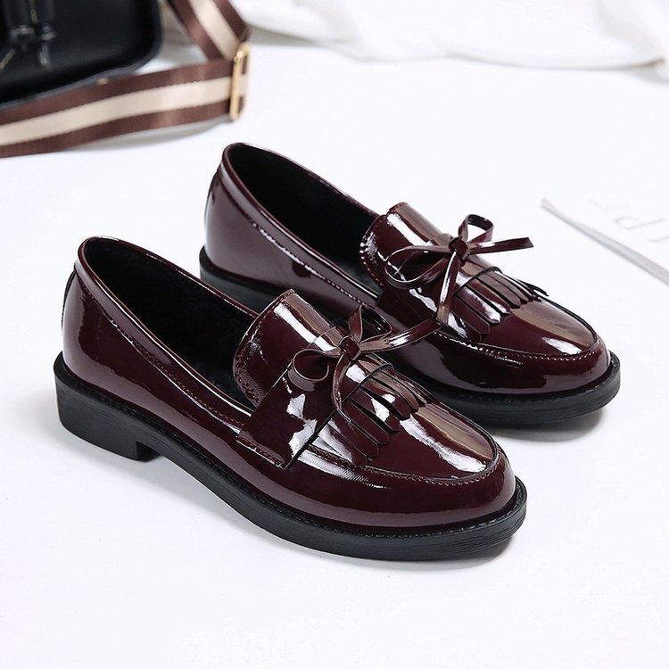 37-42Burgundy Block heel shoes women's fashion spring and autumn new women's shoes bow small leather shoes large size loafers womens shoes heels ladys shoes flats shoes loafers shoes