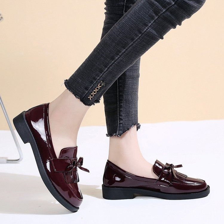 37-42Burgundy Block heel shoes women's fashion spring and autumn new women's shoes bow small leather shoes large size loafers womens shoes heels ladys shoes flats shoes loafers shoes