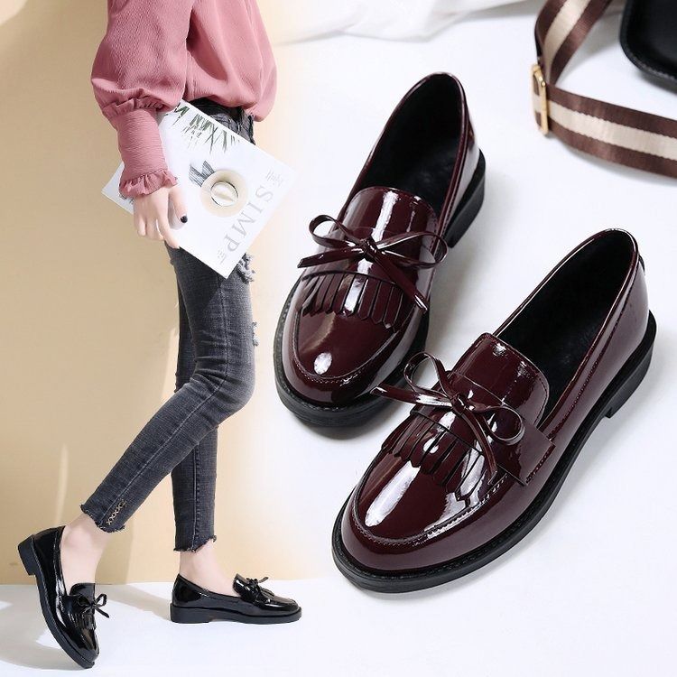 37-42Burgundy Block heel shoes women's fashion spring and autumn new women's shoes bow small leather shoes large size loafers womens shoes heels ladys shoes flats shoes loafers shoes