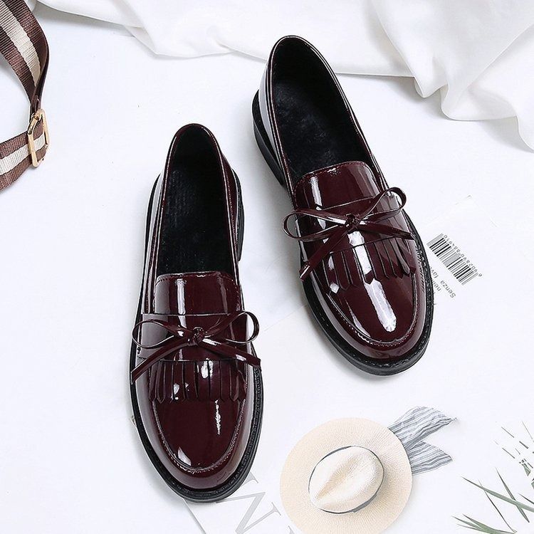 37-42Burgundy Block heel shoes women's fashion spring and autumn new women's shoes bow small leather shoes large size loafers womens shoes heels ladys shoes flats shoes loafers shoes