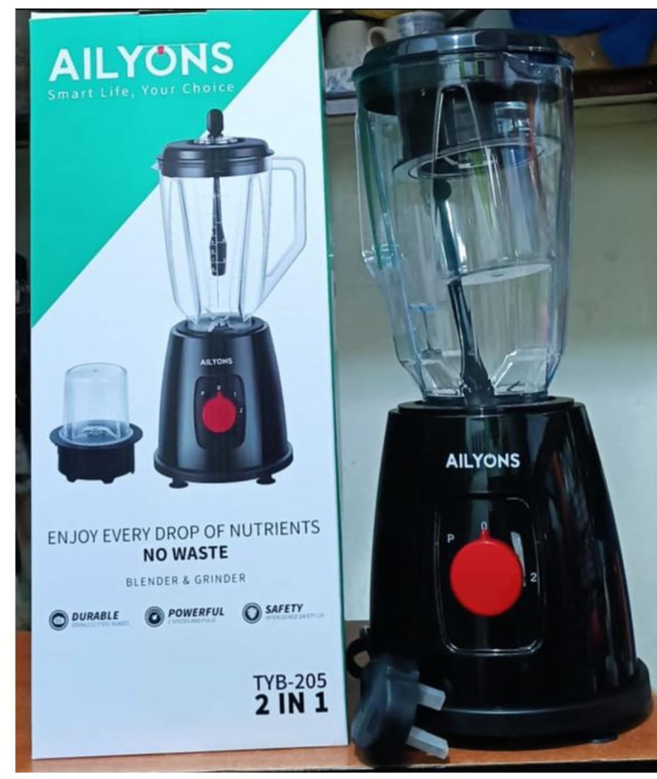 AILYONS 2In1 blender With 1.5L Blender & Grinder Machine; comes with a powerful 300W motor that has an overheat protection feature that runs the stainless steel blades.