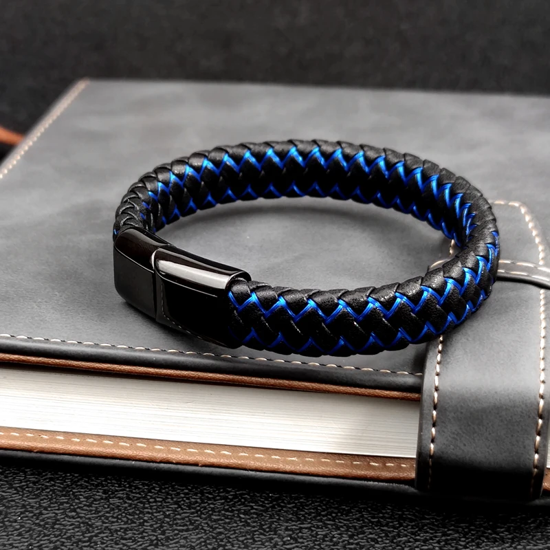 New Free Custom Name Blue/red leather Simple Charm Business Men Stainless Steel Leather Braided Bracelet Bagnet Lock Bangle