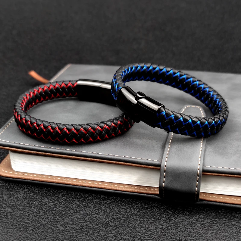 New Free Custom Name Blue/red leather Simple Charm Business Men Stainless Steel Leather Braided Bracelet Bagnet Lock Bangle