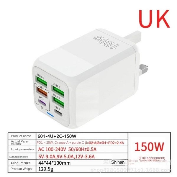 150w Charging Head 4usb+2pd Multi-Port 5v2.4a Fast Charging Mobile Phone Charger Wall Chargers