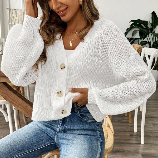 Women's Woven Sweater, Simple Short Button Coat, Cardigan