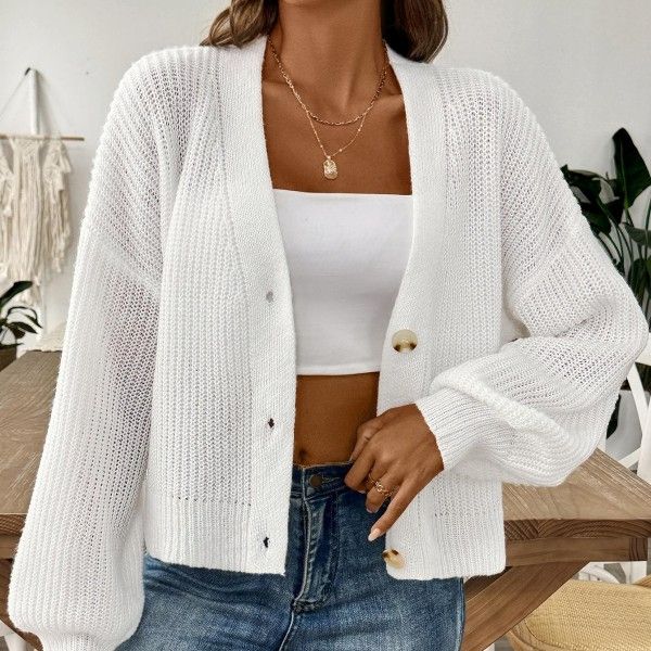 Women's Woven Sweater, Simple Short Button Coat, Cardigan