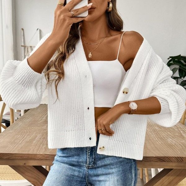Women's Woven Sweater, Simple Short Button Coat, Cardigan