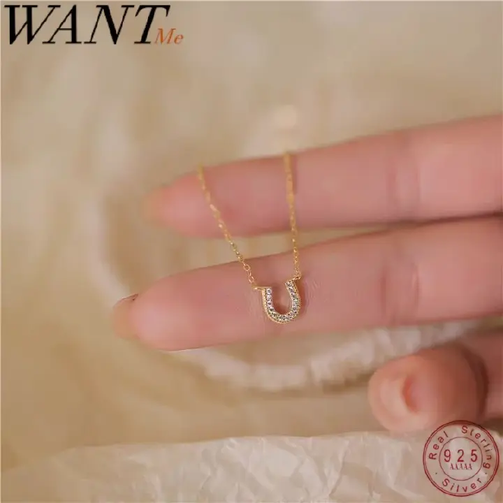 WANTME 925 Sterling Silver Fashion Simple Horseshoe U-shaped Pendant Clavicle Chain Necklace for Women Classic Versatile Jewelry