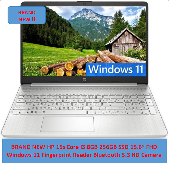 BRAND NEW HP 15s -fq5340TU Intel Core i3 8GB 256GB SSD 15.6" FHD Windows 11 Home Fingerprint Reader HD Camera Dual Speakers Bluetooth 4.2 Wireless card Natural Silver one year Warranty Laptop