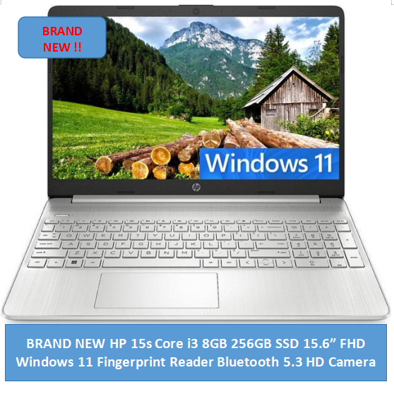 BRAND NEW HP 15s -fq5340TU Intel Core i3 8GB 256GB SSD 15.6" FHD Windows 11 Home Fingerprint Reader HD Camera Dual Speakers Bluetooth 4.2 Wireless card Natural Silver one year Warranty Laptop