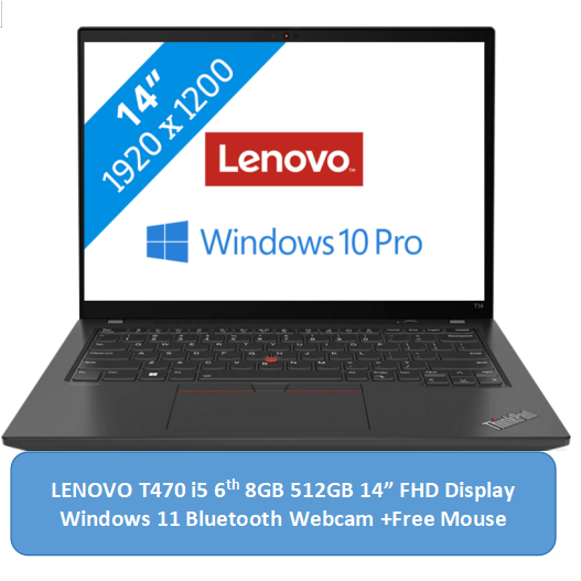 (Mouse+i5+8GB+512GB SSD)Refurbished Lenovo Laptop Lenovo Thinkpad T470 Core i5 8GB+512GB+14" Windows 10 14" FHD Display Bluetooth Webcam WiFi Intel Graphics 6 Months Warranty Notebook laptops