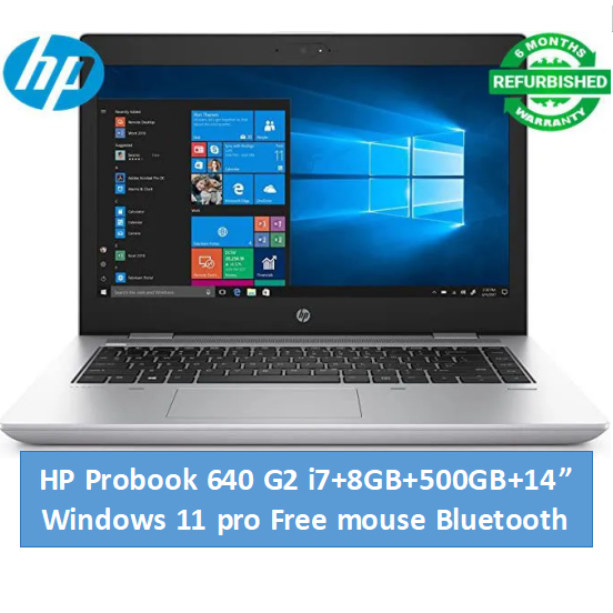 (i7+8GB+500GB+14")Refurbished Hp Probook 640 G2 Laptop - Intel Core i7 6th - 8GB RAM 500GB HDD ROM - 14'' Windows 11 Notebook Silver 14 inch FHD Display