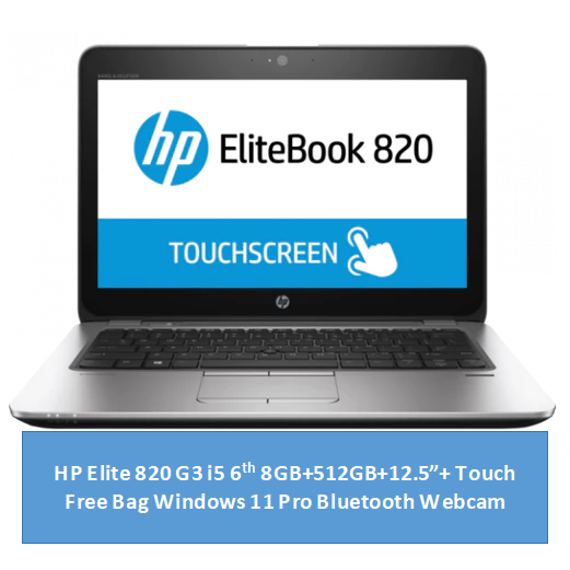 Refurbished HP Elitebook 820 G3 Touchscreen Laptop i5+8GB+512GB+12.5"  6th Gen Windows 11 Pro Notebook Slim Sleek Student Professional Laptop