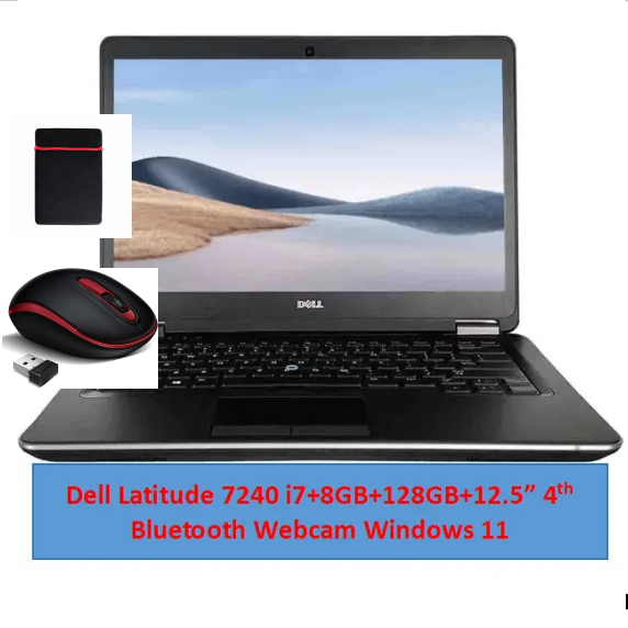 (i5+8GB+128GB+Bag)Refurbished Dell Latitude 7240 Laptop |Intel Core i5 | 8GB RAM | 128GB SSD Original Computer | Notebook | 12.5 Inch Display Bluetooth Webcam |Windows 11 | Office 2019