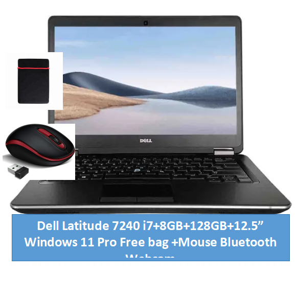 (i5+8GB+128GB+Bag)Refurbished Dell Latitude 7240 Laptop |Intel Core i5 | 8GB RAM | 128GB SSD Original Computer | Notebook | 12.5 Inch Display Bluetooth Webcam |Windows 11 | Office 2019