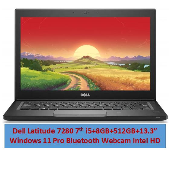 Refurbished Dell Latitude 7280 Laptop, Core i5 8GB RAM 512GB SSD, 12.5"  7th Gen Windows 11 Pro Free Mouse Bluetooth Webcam Intel HD Graphics Student professional Laptop Dell laptop