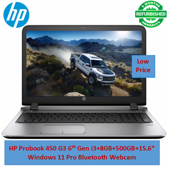 Refurbished HP Probook 450 G3 6th Gen Laptop i3+8GB+500GB+15.6"  Windows 11 Pro Notebook Stdent professional  HP Laptop Bluetooth Webcam Intel HD Graphics