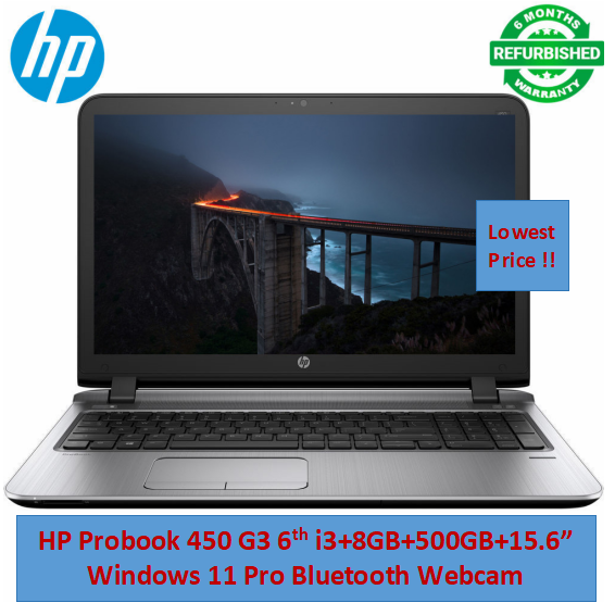 Refurbished HP Probook 450 G3 6th Gen Laptop i3+8GB+500GB+15.6"  Windows 11 Pro Notebook Stdent professional  HP Laptop Bluetooth Webcam Intel HD Graphics