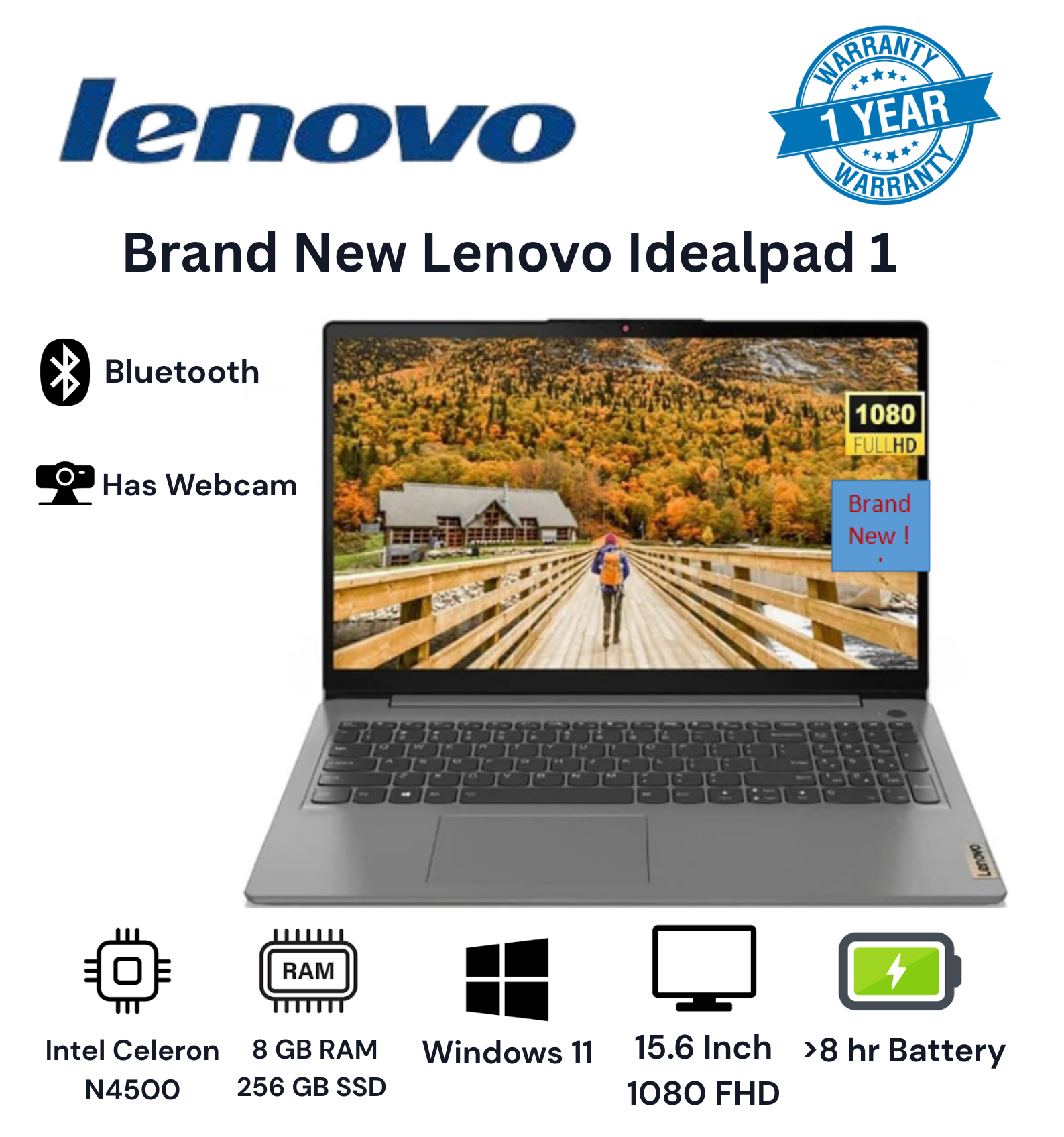Brand New Lenovo Ideapad 1 15IJL7 8GB+256GB SSD+15.6"  Intel Celeron N4500 WLAN+Bluetooth WiFi 6 802.11ax Webcam Stereo Speakers One Year Warranty 15.6 Inch Screen Student Professional New Laptop