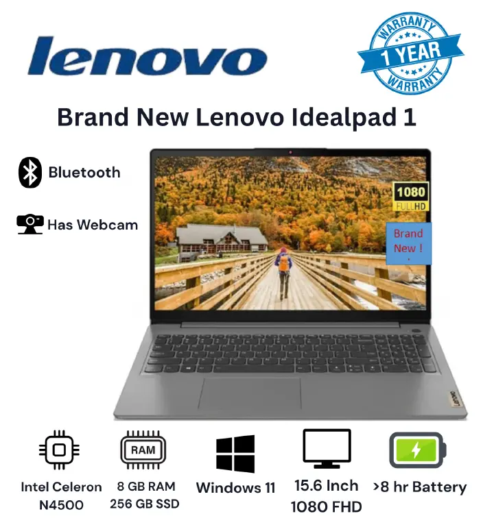 Brand New Lenovo Ideapad 1 15IJL7 8GB+256GB SSD+15.6"  Intel Celeron N4500 WLAN+Bluetooth WiFi 6 802.11ax Webcam Stereo Speakers One Year Warranty 15.6 Inch Screen Student Professional New Laptop