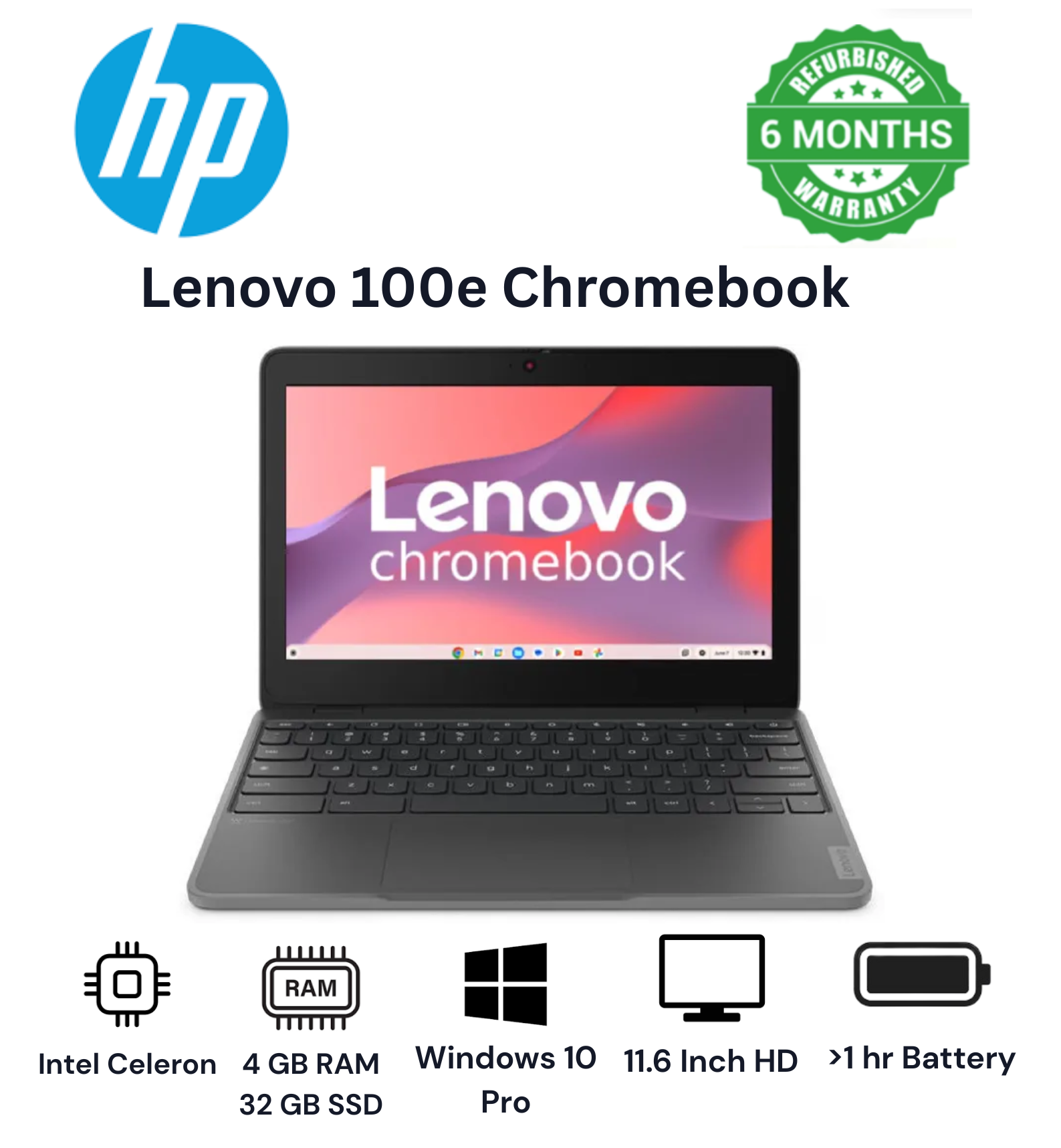 Lenovo 100e Chromebook 4GB 32GB eMMC SD Flash Memory Up to 256GB with SD Card 11.6 Inch Chromebook HD - Intel N-Series N100-4 With Chrome OS English Keyboard Student Laptop