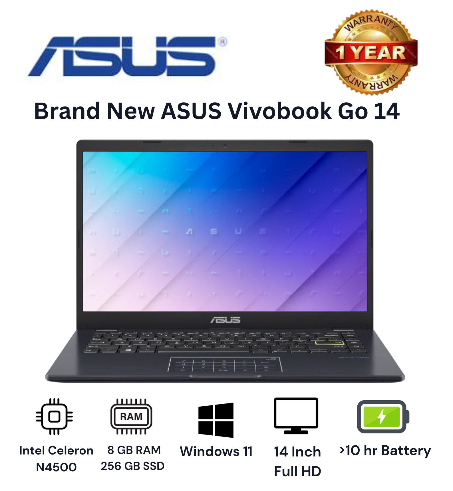 Brand New Asus Vivobook Go 14  Laptop 8GB+256GB+14" Intel Celeron N4500 1.1-2.8GHz  Windows 11 Home Anti-glare display Bluetooth 5.1 WiFi 802.11ac brand new laptop