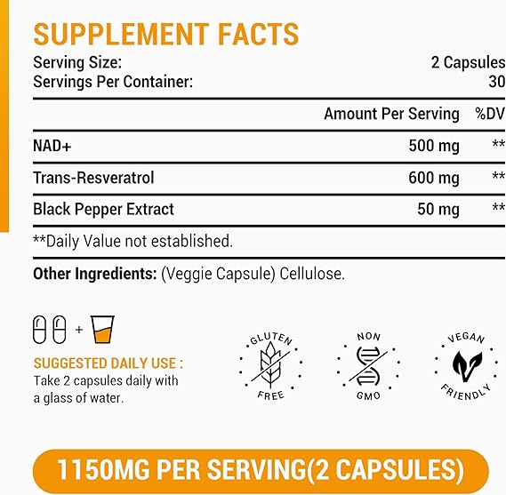 1100mg NAD & Trans-Resveratrol Capsules with 50mg Black Pepper Extract