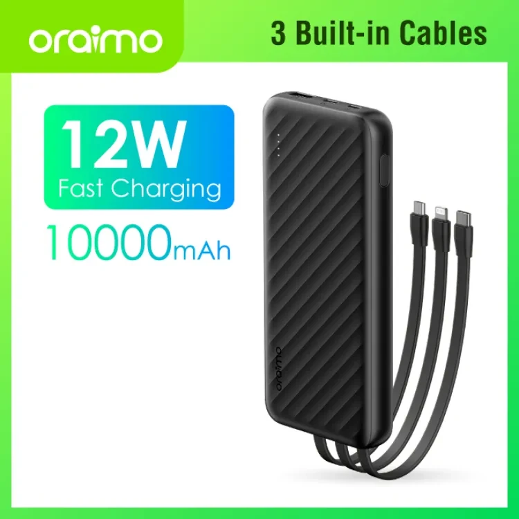 oraimo 12W Powerbank 10000mAh  portable fast charge Slice Link with 3 charging cables - type c lightning and micro cable