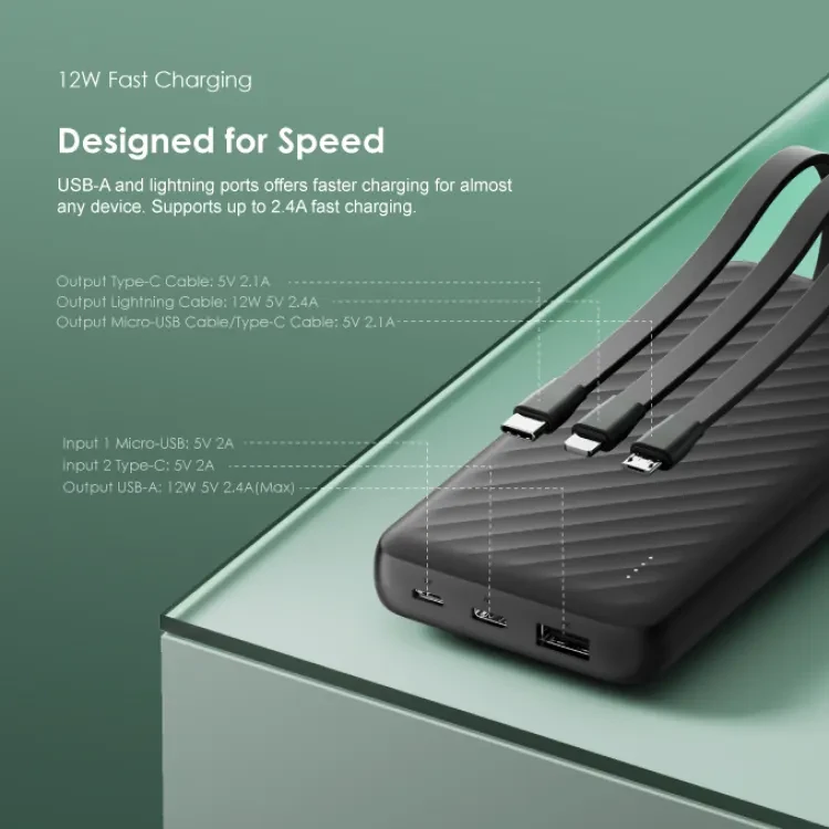 oraimo 12W Powerbank 10000mAh  portable fast charge Slice Link with 3 charging cables - type c lightning and micro cable