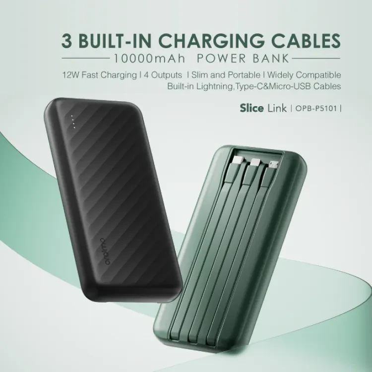 oraimo 12W Powerbank 10000mAh  portable fast charge Slice Link with 3 charging cables - type c lightning and micro cable