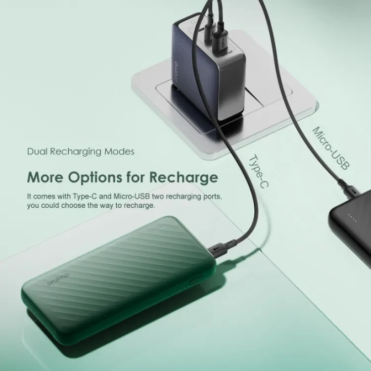 oraimo 12W Powerbank 10000mAh  portable fast charge Slice Link with 3 charging cables - type c lightning and micro cable