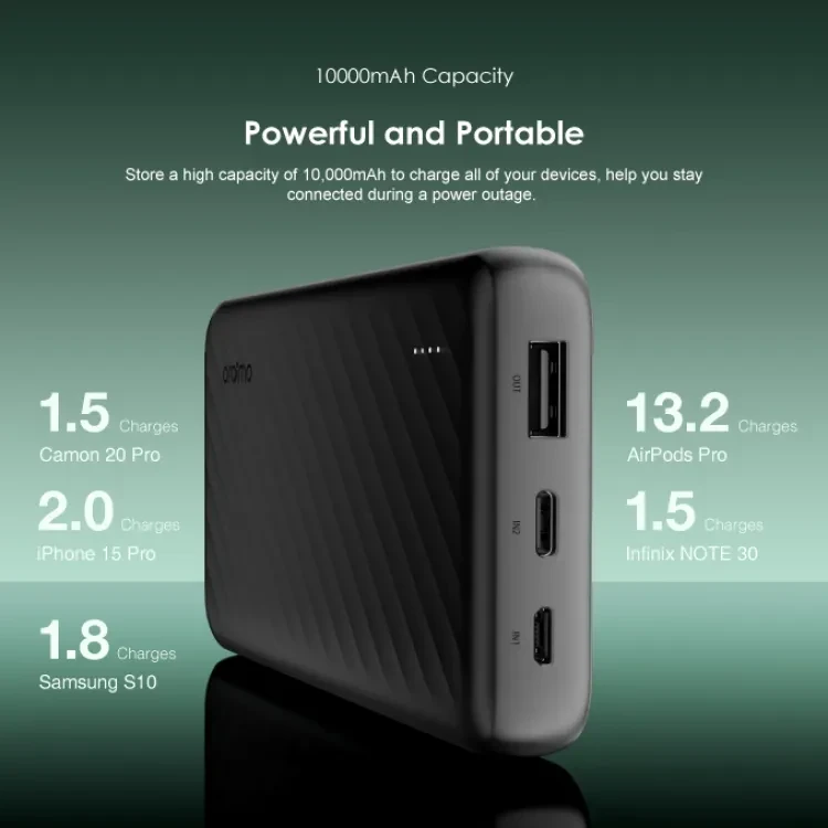 oraimo 12W Powerbank 10000mAh  portable fast charge Slice Link with 3 charging cables - type c lightning and micro cable