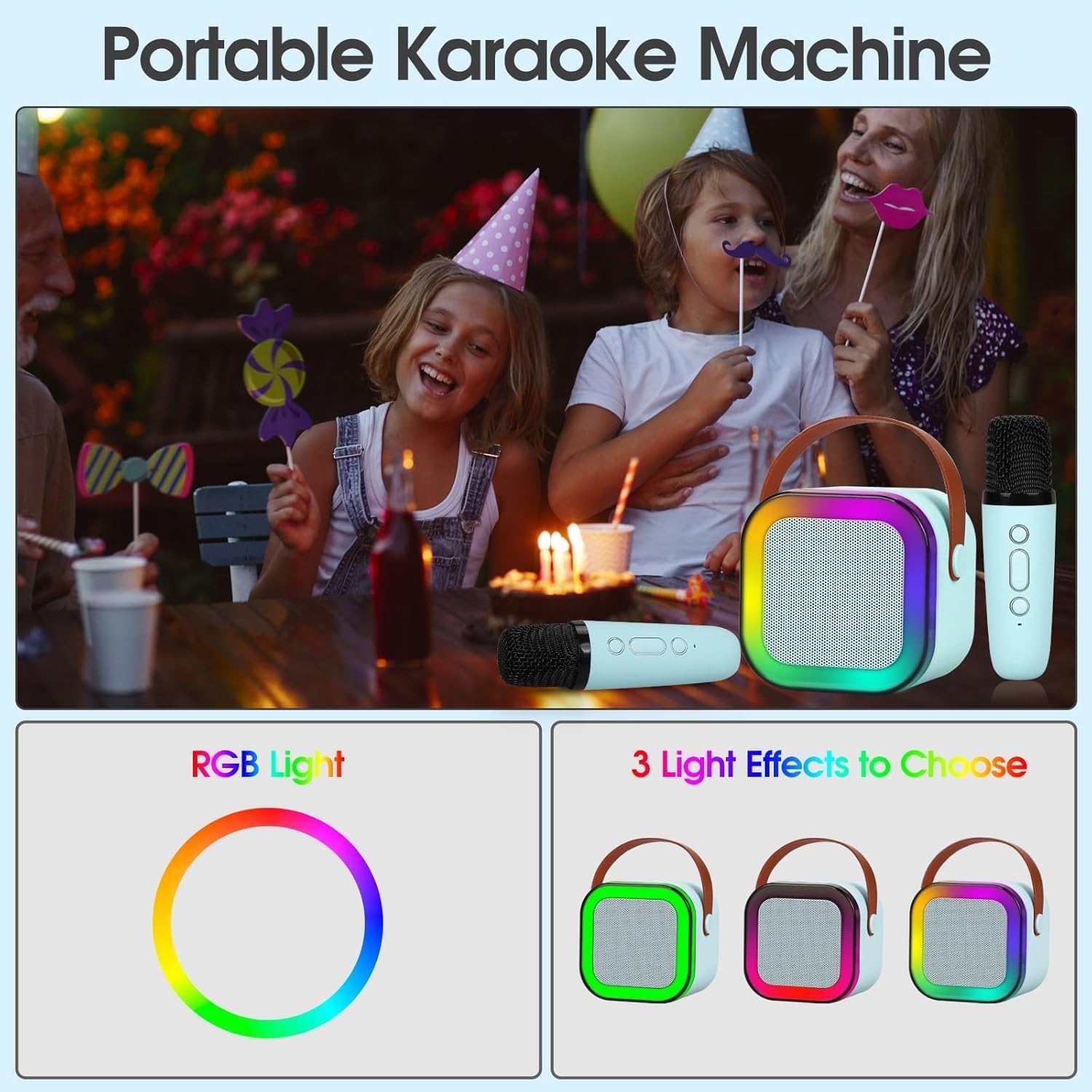 K12 Portable Bluetooth karaoke Speaker with Wireless Microphone, Music Player Dynamic Lights, Birthday Gift, Home KTV, Outdoor, Travel(Beige)