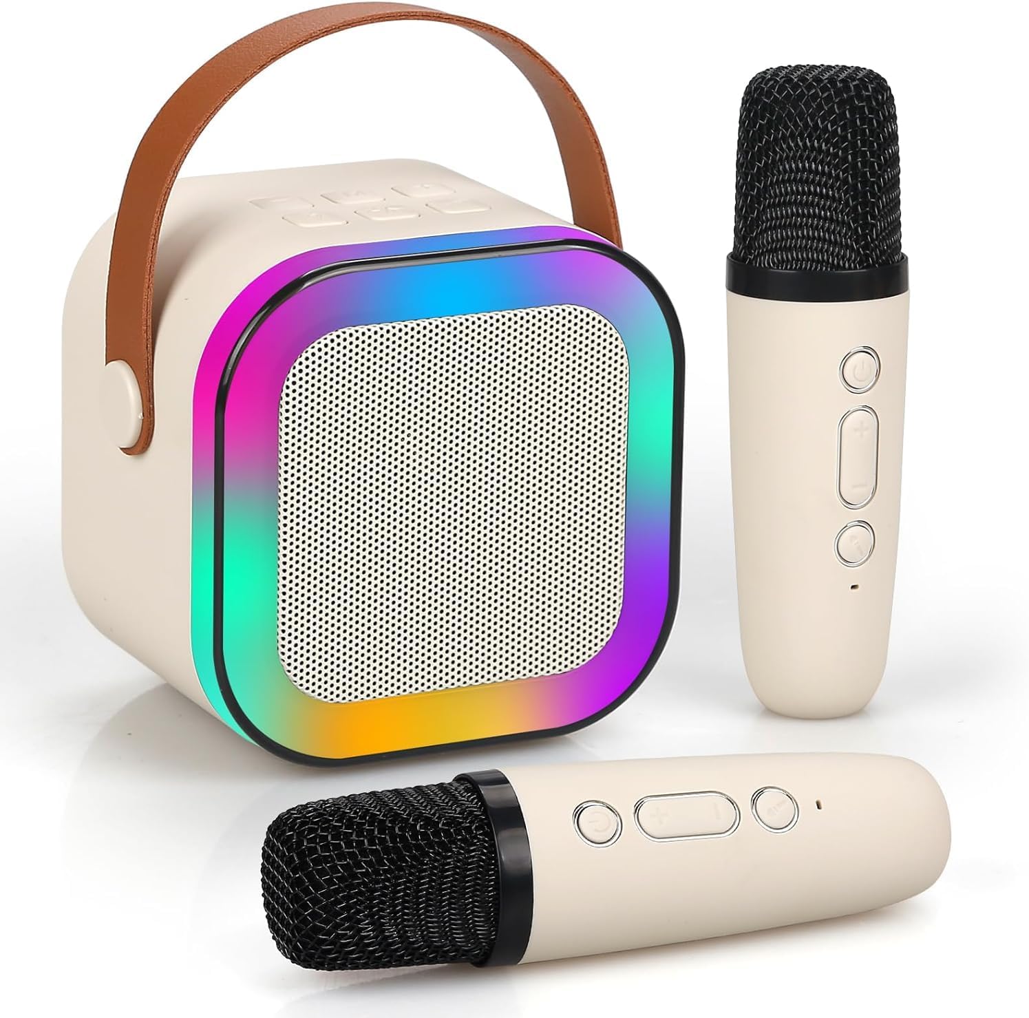 K12 Portable Bluetooth karaoke Speaker with Wireless Microphone, Music Player Dynamic Lights, Birthday Gift, Home KTV, Outdoor, Travel(Beige)