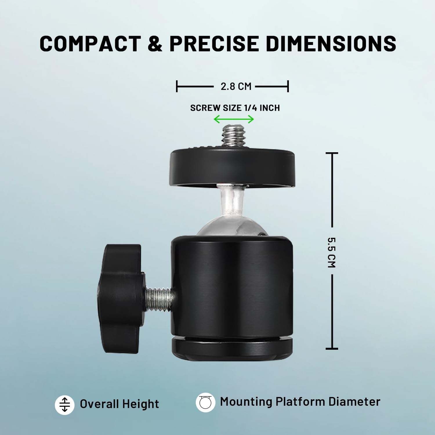 1/4" Screw Tripod Ball Head Bracket Holder Ball Head 360 Degree Aluminium Alloy Body Rotating for DSLR Camera, Ring Lights (Black)