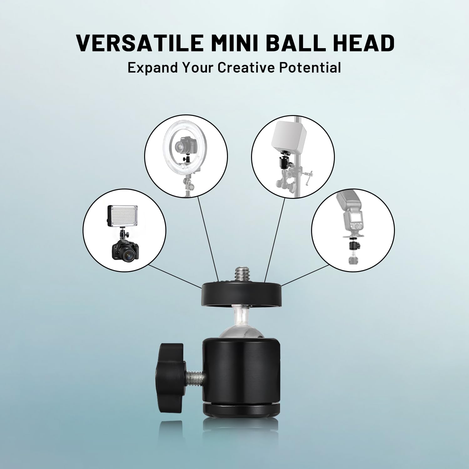 1/4" Screw Tripod Ball Head Bracket Holder Ball Head 360 Degree Aluminium Alloy Body Rotating for DSLR Camera, Ring Lights (Black)