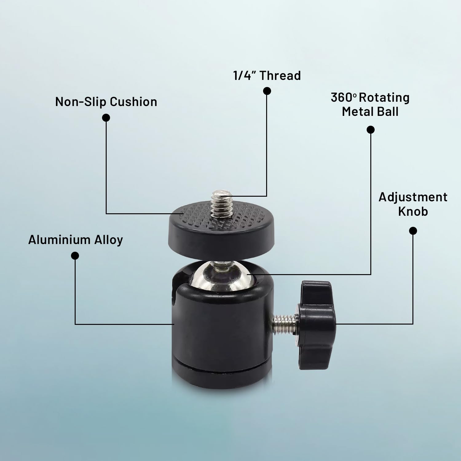 1/4" Screw Tripod Ball Head Bracket Holder Ball Head 360 Degree Aluminium Alloy Body Rotating for DSLR Camera, Ring Lights (Black)