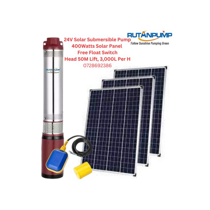 24V 3,000L/H 50M Head Submersible Solar Water Pump+Float Switch+Panel 400W