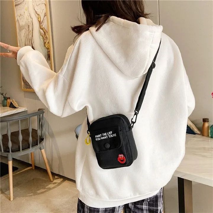 Fashion Women Canvas Shoulder Handbags Korean Solid Color Student Phone Purse Simple Zipper Small Messenger Crossbody Bags