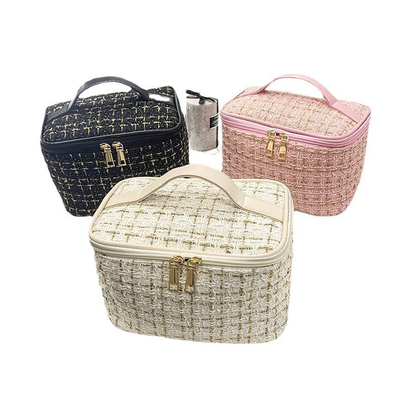 New Korean Plaid Portable Small Fragrance Makeup Bag Large Capacity Portable Toiletry Storage Bag Makeup Box Travel Cosmetic Bags