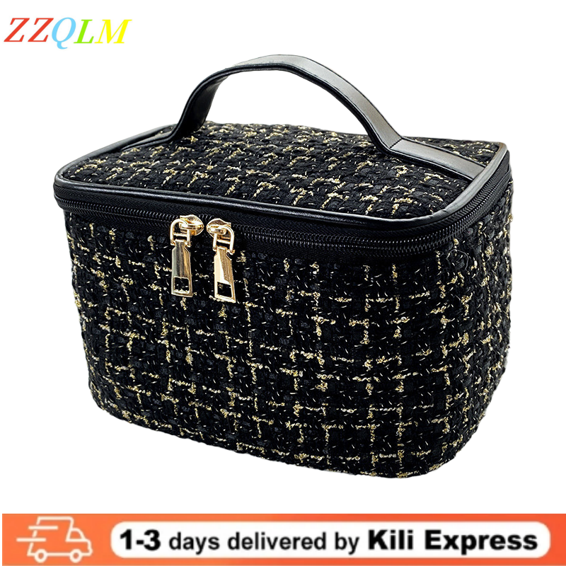 New Korean Plaid Portable Small Fragrance Makeup Bag Large Capacity Portable Toiletry Storage Bag Makeup Box Travel Cosmetic Bags