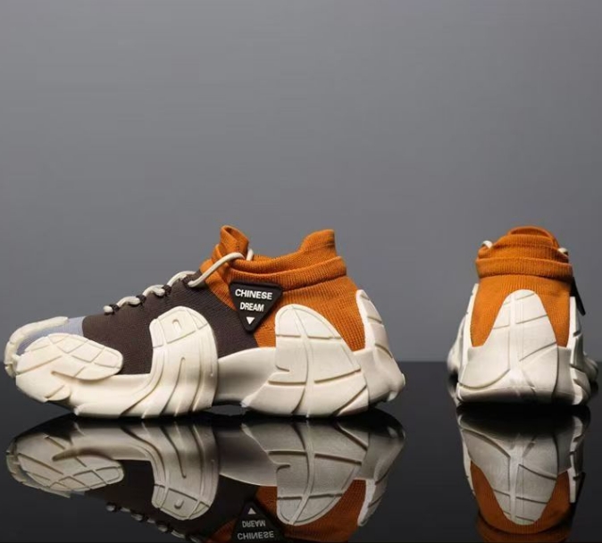 New Men's Shoes With Thick Sole Lightweight Knitted Socks Casual Shoes Youth Fashion Color Blocked Sneakers Beige Orange